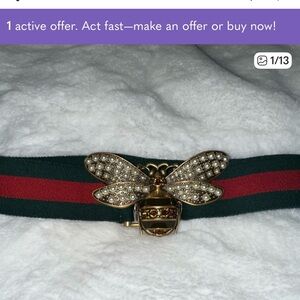 Gucci Green and Red Belt with Bee Embellishment